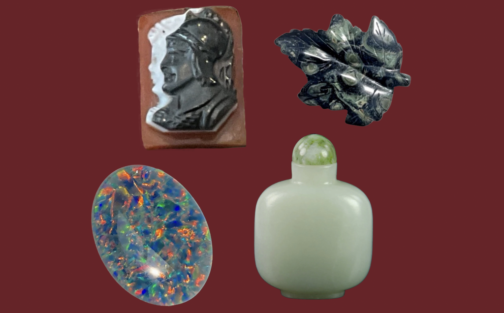 Image of advanced lapidary projects, opal triplet cabochon, agate cameo, perfume bottle and dimensional gemstone carving.