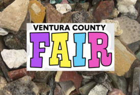 Logo of the Ventura County Fair with a background of colorful rocks