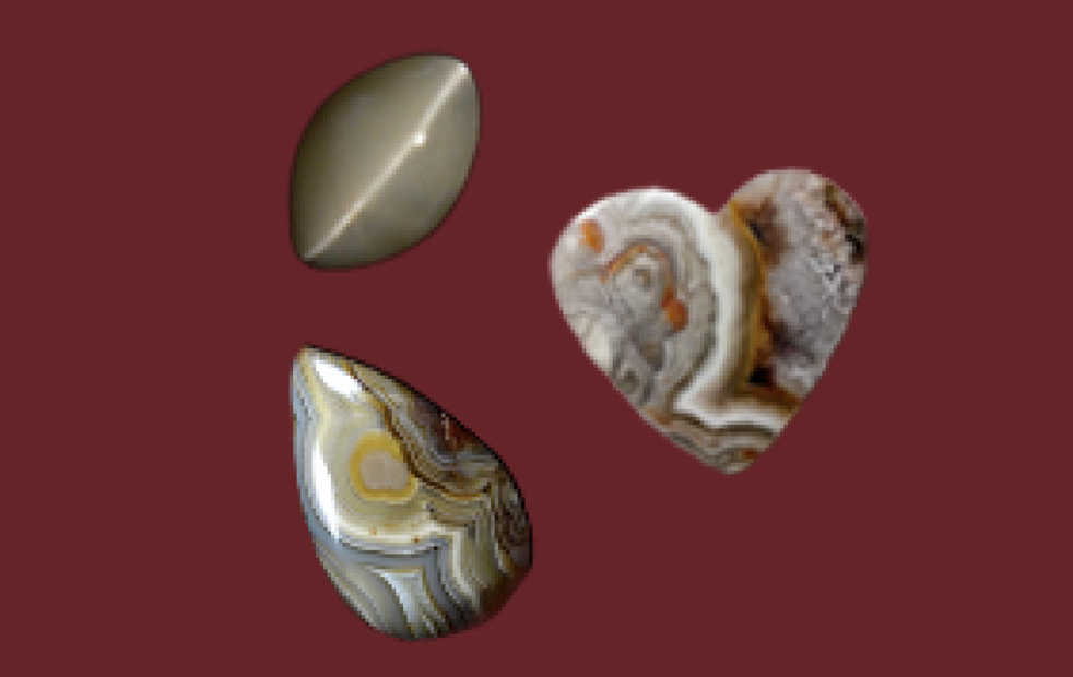 Image of intermediate lapidary projects, Cat-eye ellipse and heart  shaped cabochons