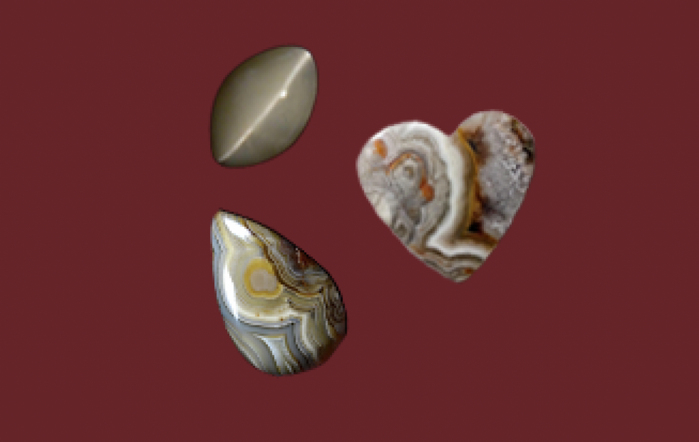 Image of intermediate lapidary projects, Cat-eye ellipse and heart shaped cabochons